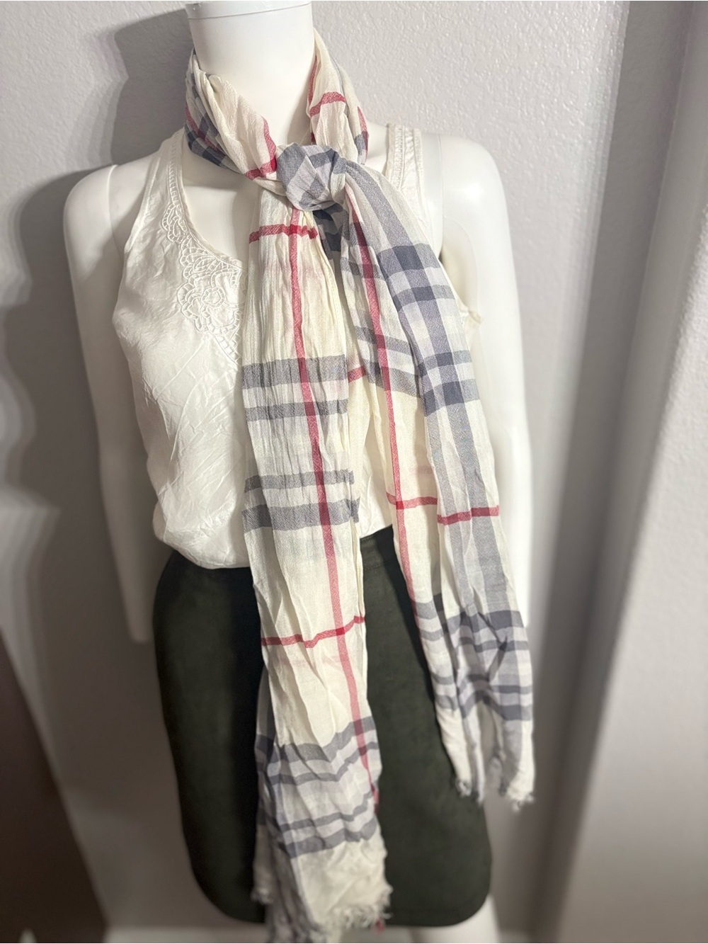 Lightweight Plaid Long Scarf in Cream, Gray & Red